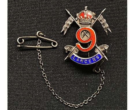 WW1 British 9th Lancers Silver and Enamel Sweetheart Brooch. Complete with safety chain. Size 24mm. 