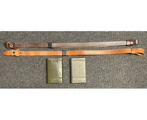 Pair of reproduction Mauser K98 brown leather rifle slings, one in light brown leather and one in tan coloured leather, new u
