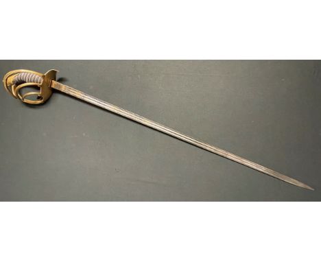 Imperial German Cuirassier Officers Sword with double fulleed blade 885mm in length, maker marked to both spine of blade and 