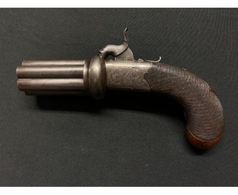English Pepperbox Pistol with 6 barrels each 65mm in length, bore approx. 9mm by "Cort &amp; Co, Leicester". Working action a