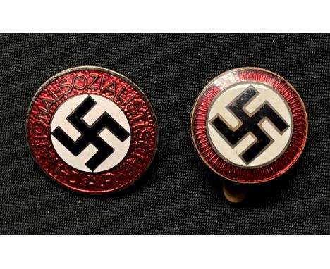 WW2 Third Reich NSDAP Membership badge maker marked RZM M1/8 and a NSDAP Sympathiser enamel lapel badge, no makers mark. (2) 