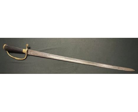 Hunting Sword with fullered blade 597mm in length, has remains of some engraved decoration showing Wild Boar etc. No makers m