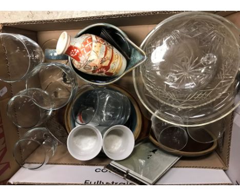 Five boxes of assorted decorative china and glass wares to include two modern Valelove table lamps, assorted wine glasses, tr