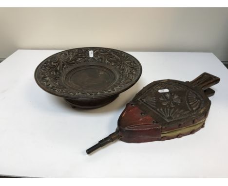 A Belleek vase with beige stamp to base, a Stuart cut glass fruit bowl, a pair of early 20th Century oak bellows, a similar C