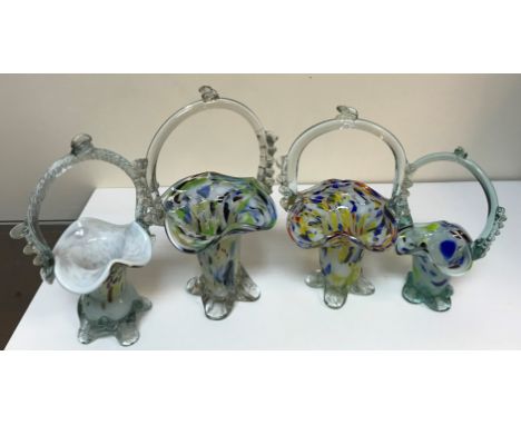 Three boxes of assorted glassware to include Murano style baskets, various vases, etc and a box of assorted metal ware to inc