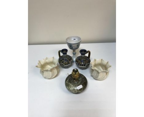 A collection of china ware, etc. to include an English bullet shaped teapot with polychrome decoration, a pair of figures in 