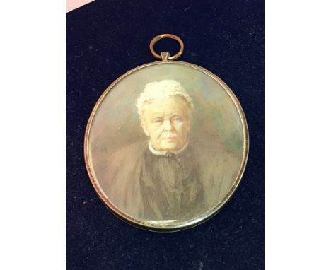 LATE 19TH CENTURY ENGLISH SCHOOL "Elderly lady in lace cap and black dress", a miniature portrait study, oil on ivory, monogr