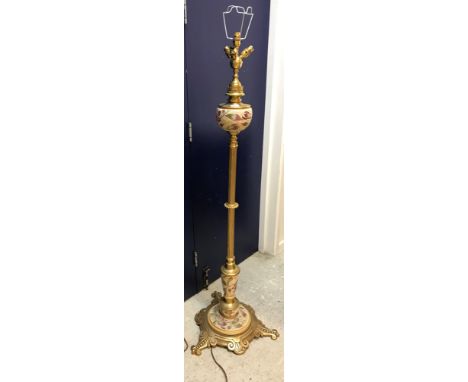 A circa 1900 gilt brass and pottery telescopic lamp standard (formerly oil, now electric), approx 161.5 cm high including bul