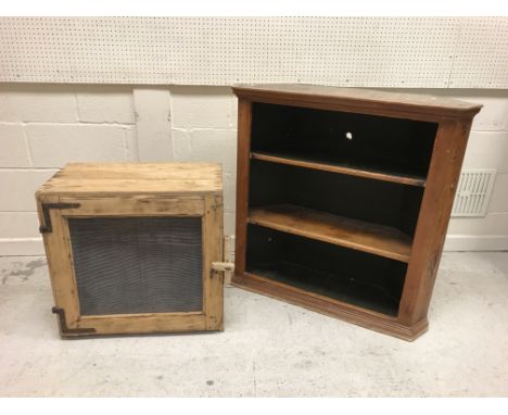 A vintage pine meat safe with wire panelled door, 66 cm wide x 38 cm deep x 60 cm high, together with three vintage wash boar