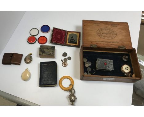 A box containing various objets de vertus including Victorian embossed cased daguerrotype portrait study of a lady seated rea