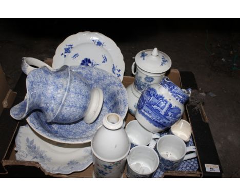 A quantity of blue and white pottery, mostly 19th century including a Copeland Spode's Italian jug. CONDITION REPORT: The Spo