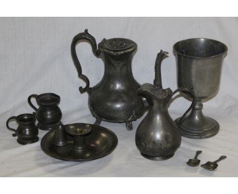 A group of miscellaneous 19th century pewter wares, including a chamber stick, chalice, coffee pot, two small measures and a 