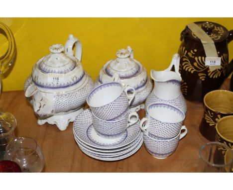 A Victorian Puce transfer printed pottery tea service, decorated with repeating diaper design within gilt rims, comprising te