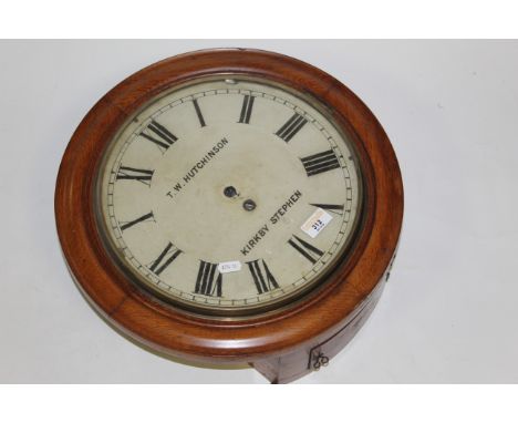 A 19th century oak cased wall clock of circular form, the painted enamel dial with Roman hours to the chapter ring enclosing 