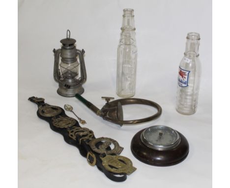 A Mobil oil vacuum ribbed oil bottle, an Esso lube ribbed oil bottle, a waisted and ribbed glass decanter and a Chinese storm