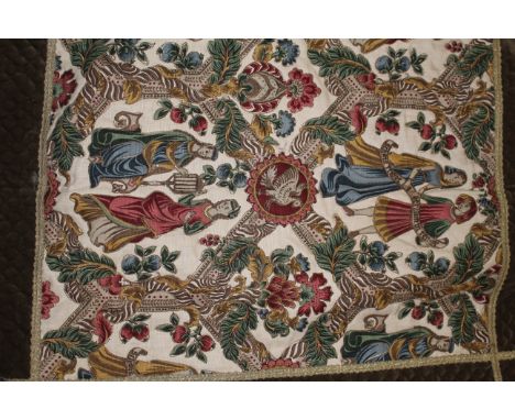 A modern machine and printed tapestry wall hanging of Medieval design with brass effect pole, 92 cm x 97 cm. CONDITION REPORT