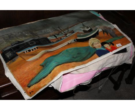 Paul Dunford, oil painting "Mike's Den", study of fishing boats, canvas 50 cm x 75 cm, unframed and lacking a stretcher, titl