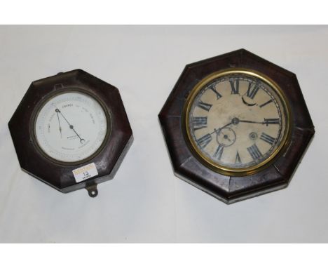 A 19th century mahogany octagonal cased holosteric barometer by Mason &amp; Son, Dublin. 18 cm square, together with a 19th c