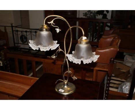 A modern twin branch brass effect light fitting with frosted and ruffled glass shades with opaque trailing to frills, 52 cm x