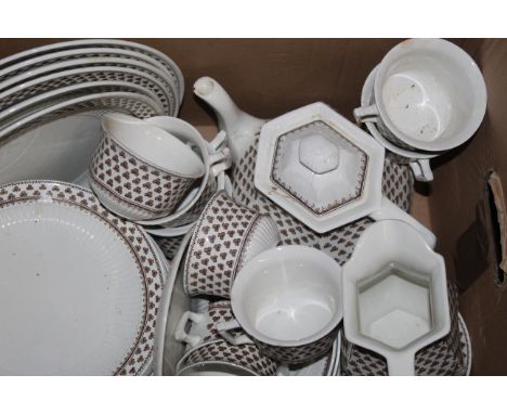 An Adams brown transfer ware printed Ironstone china tea service, decorated with clover, repeating clover design, together wi
