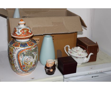 A selection of miscellaneous china, to include a Ardali chinoiserie design vase and cover made in Italy, two Goebel friar tan