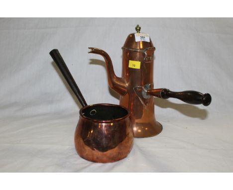 A Victorian copper chocolate pot with flared cylindrical body and side handle, 25 cm, sold together with a 19th century coppe