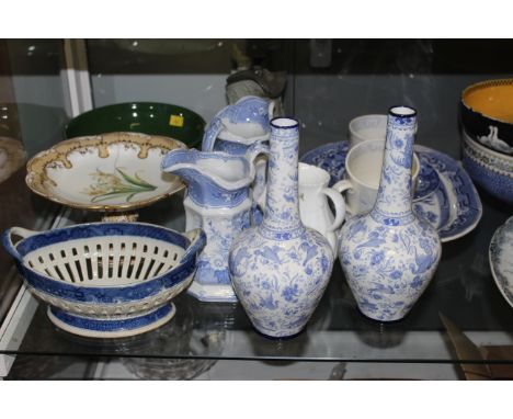 A selection of Victorian and later ceramics and pottery including a moulded pewter mounted jug, two blue and white floral dec