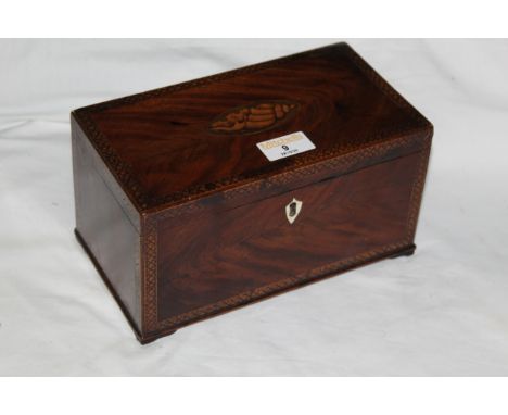 A George III figured mahogany rectangular tea caddy, rectangular three division tea caddy inlaid with checkered stringing, th