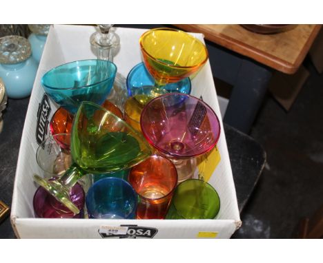 A selection of modern coloured glassware, including cocktail glasses together with a cut glass decanter, two cut glass vases,