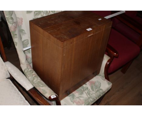A 1970's/1980's plywood storage box with rectangular hinged top, opening to reveal three removable plywood divisions and base