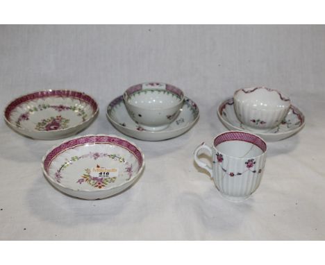 A small group of late 18th early 19th century Newhall porcelain tea ware's including saucers, tea bowls, and a fluted can.   