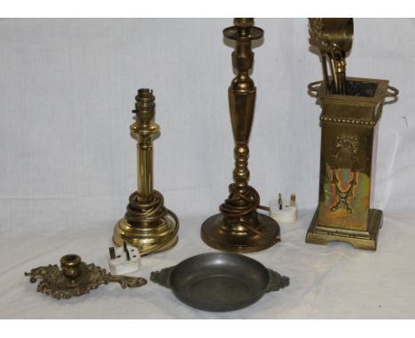 A box of miscellaneous brassware including companion set, column table lamp, a circular pewter quaiche and another brass tabl