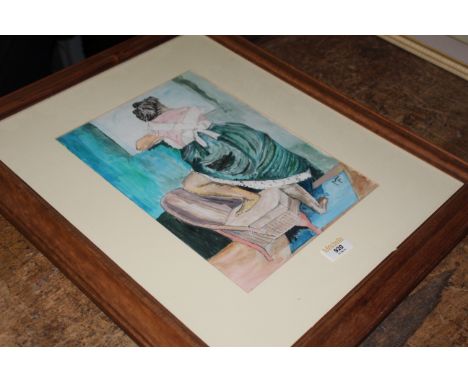 MF, watercolour, portrait of a lady gazing out of a window, 34 x 24 cm, monogrammed in stained pine frame and glazed. CONDITI