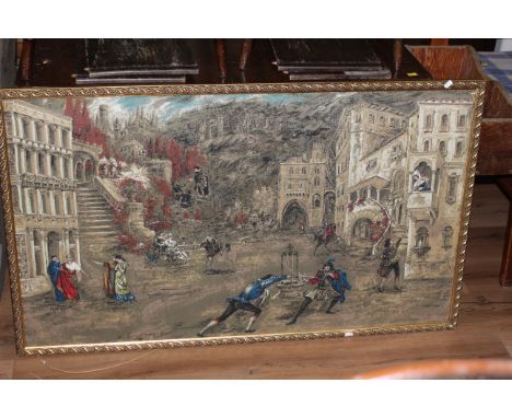 A large woolwork tapestry depicting huntsman on horseback and their hounds, worked in polychrome within a lightwood frame, 77
