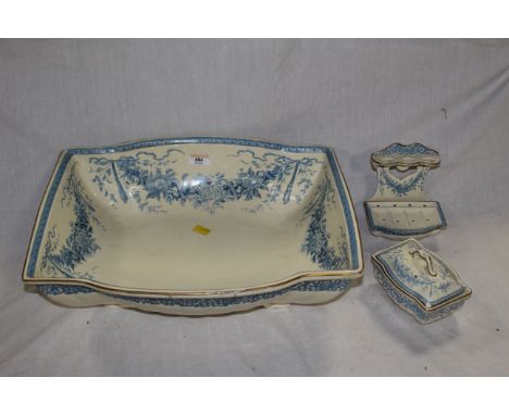A Victorian blue and white part toilet set comprising a lobed rectangular toilet bowl, a toothbrush holder and a soap dish, t