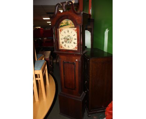 A 19th century oak and mahogany cased 30 hour longcase clock, with painted dial, striking on a bell, containing case with scr