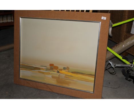 Tom Robb (born 1933), acrylic painting, abstract Harbour Landscape, board, 62 cm x 76 cm, signed and dated 1971, in brown clo