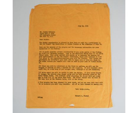 Dated July 12, 1961, this official letter from the Yankees organization is addressed to Jackie Robinson, inviting him to part