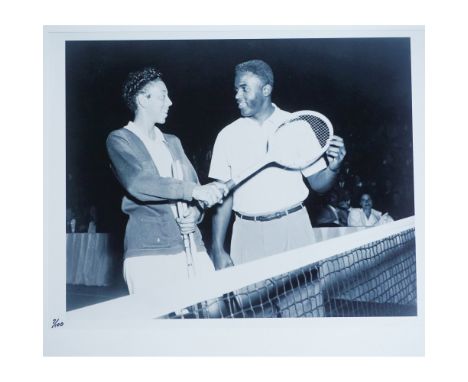 A black and white limited edition photograph of tennis champion Althea Gibson and baseball legend Jackie Robinson from 1951, 