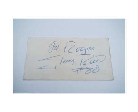 A signed business card featuring an inscription "To Roger" and an autograph from legendary NFL wide receiver Jerry Rice, with