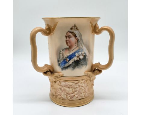 A finely crafted Doulton Burslem porcelain stein commemorating Queen Victoria's Diamond Jubilee, dated 1837–1897. This elegan