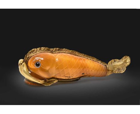 A Gold-Mounted Agate Snuff-Box,  With Pseudo Marks For Paris, Perhaps Hanau, 19th Century in the form of a dolphin, the gold 