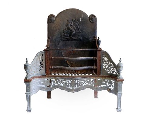 A George III Steel Fire Basket, early 19th century, the cast-metal back support and open grille front flanked by pierced and 
