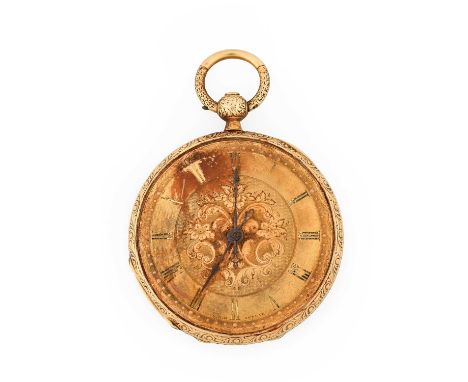 A Swiss 18 Carat Gold Enamel Fob Watch, signed Mouline, Geneve, circa 1850, cylinder movement signed, gold coloured dial with