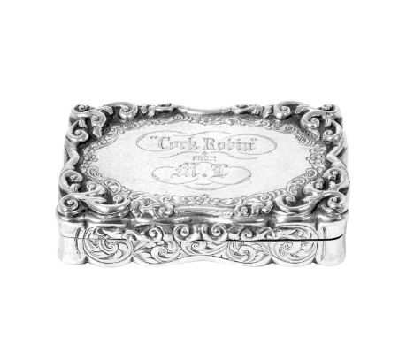 A Victorian Silver Snuff-Box,  by David Pettifer, Birmingham, 1853 oblong, the hinged cover with robust scroll border and eng