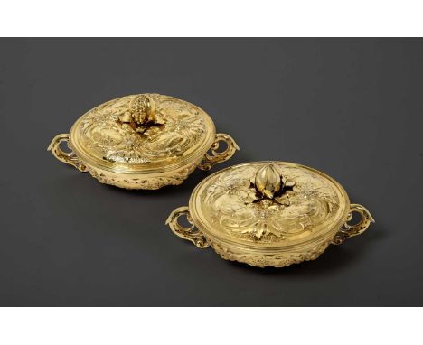 A Pair of Charles II Silver-Gilt Bowls and Covers,  Apparently Unmarked, Probably London, Circa 1680, In the Manner of Thomas