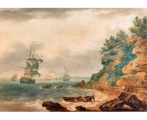 Nicholas Pocock OWS (1740-1821) Naval vessels off a coast Signed and dated 1788, watercolour, 26.5cm by 37.5cmProvenance: Tho