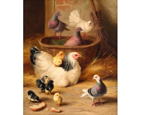 Edgar Hunt (1876-1953) Hen, Chicks and Pigeons in a barn Signed and dated 1908, oil on canvas, 35.5cm by 30.5cmProvenance: Ri