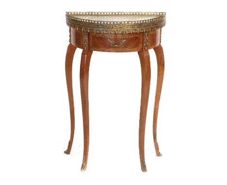 A 20th Century French-Style Mahogany and Parquetry-Decorated D-Shape Hall Table, the grey and yellow marble top within a pier