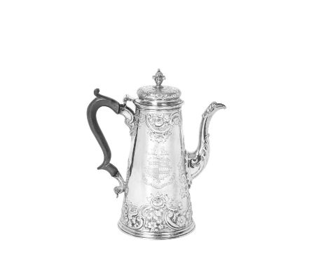 A George II Silver Coffee-Pot,  by Gabriel Sleath, London, 1735 tapering cylindrical and with reeded base, later chased overa